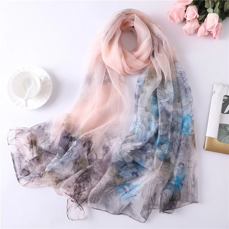 

2019 floral print silk shawls and wraps for women scarf summer beach stoles sunscreen lady pashmina foulard hijabs scarves