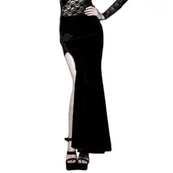 Для женщин пикантные Sid Разделение длинная юбка черного цвета в стиле панк Cheongsam Стиль макси юбка асимметричная Готический вышивка бархат