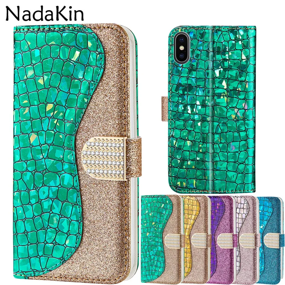 

Luxury Rhinestone Diamond Clasp Book Case for iPhone X XS MAX XR 5 5S SE 6 6S 7 8 Plus Flip Cover Shell Snake Skin Texture