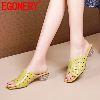

EGONERY woman shoes summer new concise casual open toe hollow woman slippers outside Comfortable and breathable mid heels shoes