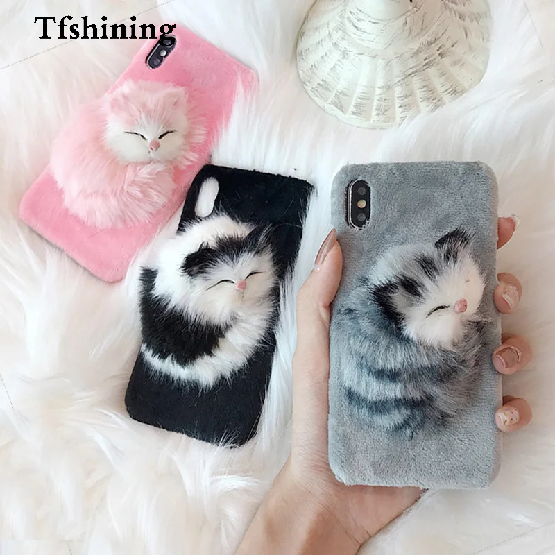 

Tfshining 3D Cute Sleep Cat Furry Warm Phone Cases For iphone 6 6S 7 8 Plus X XS XR XS Max Hard PC Plush DIY Back Cover Fundas