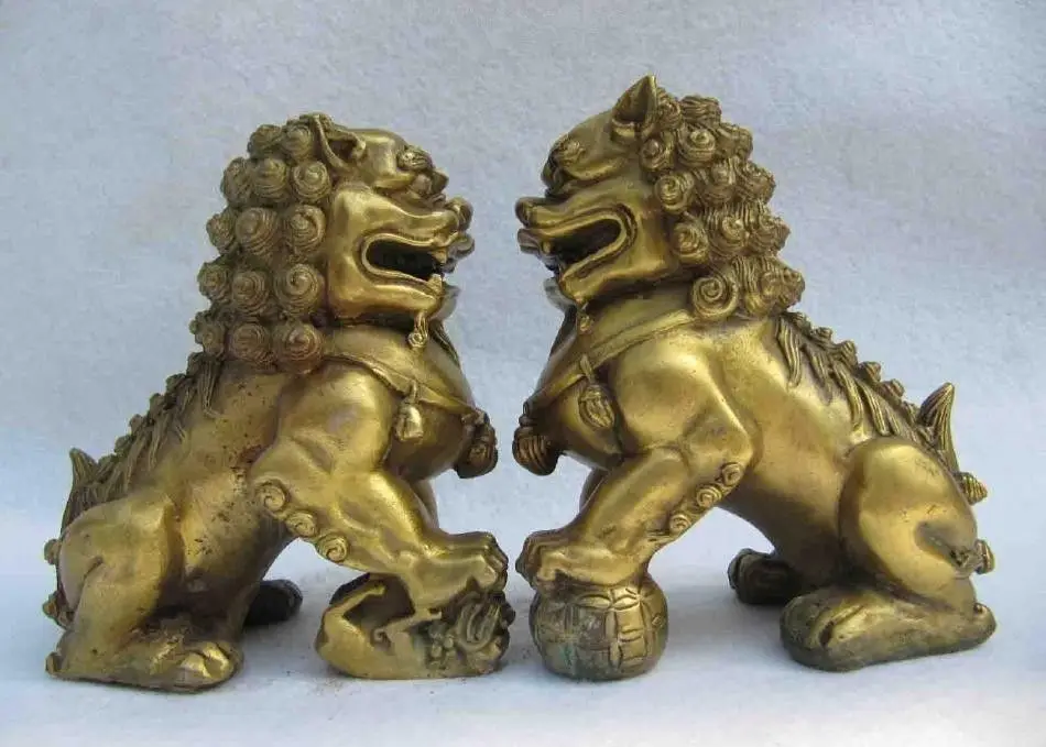 Китай семья фэн-шуй медь латунь Дверь Foo Собаки талисман лев зверь пара