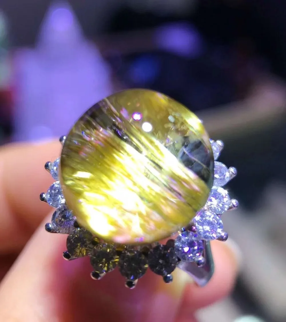 

13.5mm Natural Gold Rutilated Quartz Ring For Woman Man 925 Silver Sterling Metal Crystal Fashion Adjustable Size Rings AAAAA