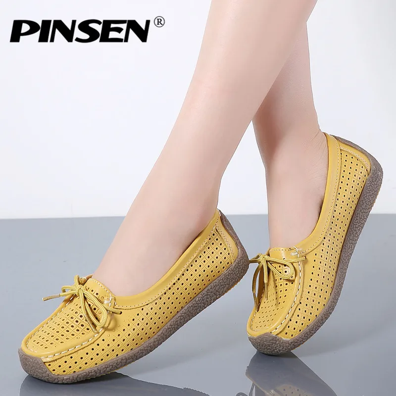 PINSEN 2020 Summer Women Flat Shoes Woman Genuine Leather Ladies Cutout Loafers Lace Up Ballet Flats Oxford Boat | Обувь