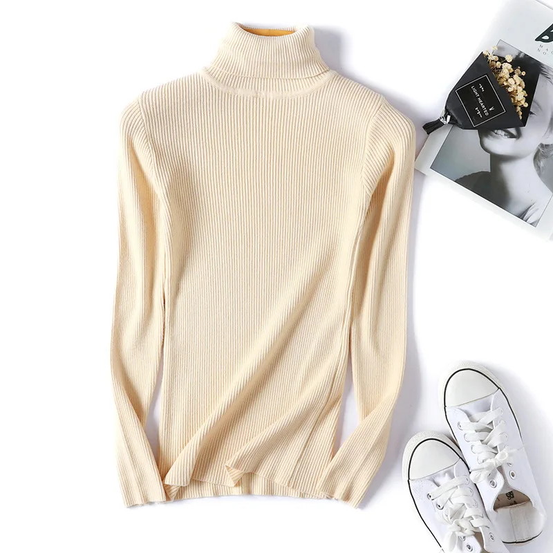 Зимняя футболка, вязаный пуловер с высоким воротником, Женские базовые рубашки с высоким воротником, простой свитер с длинным рукавом, футболки, женские тонкие футболки, топы - Цвет: Beige turtleneck