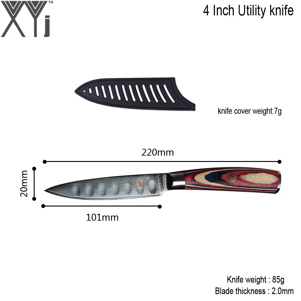 XYj дамасский стальной нож японский VG10 Дамасские Стальные Кухонные ножи с цветной деревянной ручкой 3,4, 5,6 дюймов дамасский кухонный нож - Цвет: 4 inch Utility Knife