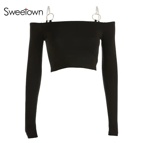 Sweetown Vogue с открытыми плечами, длинный рукав, укороченный топ, футболка, сексуальная, с вырезом лодочкой, футболки, осень цепь черного металла, Корейская футболка - Цвет: black