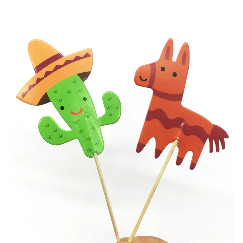 

24pcs Mexican Style Cactus Pony Horse Cake Toppers Wedding Decoration Festival Party Cupcake Decor Sticks