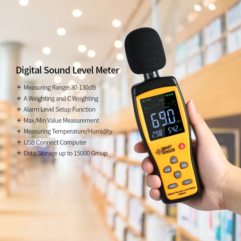 

30-130 dB Digital Sound Level Meter Thermometer Hygrometer Noise Volume Tester with USB Connect Computer Data Record Function