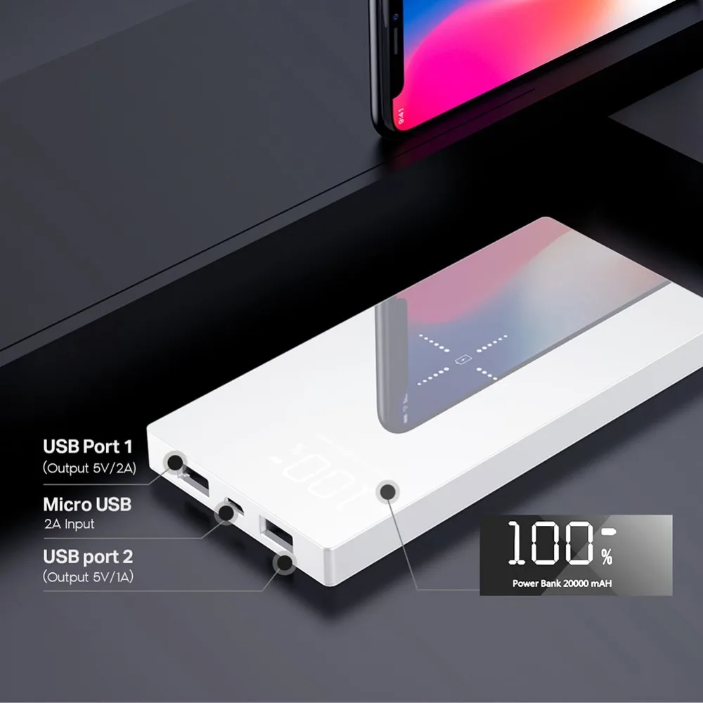 Mirror Powerbank Battery Charger 30000mAh LCDDual USB Power Bank For xiaomi iPhone X 8 7 6s huawei p20 lite