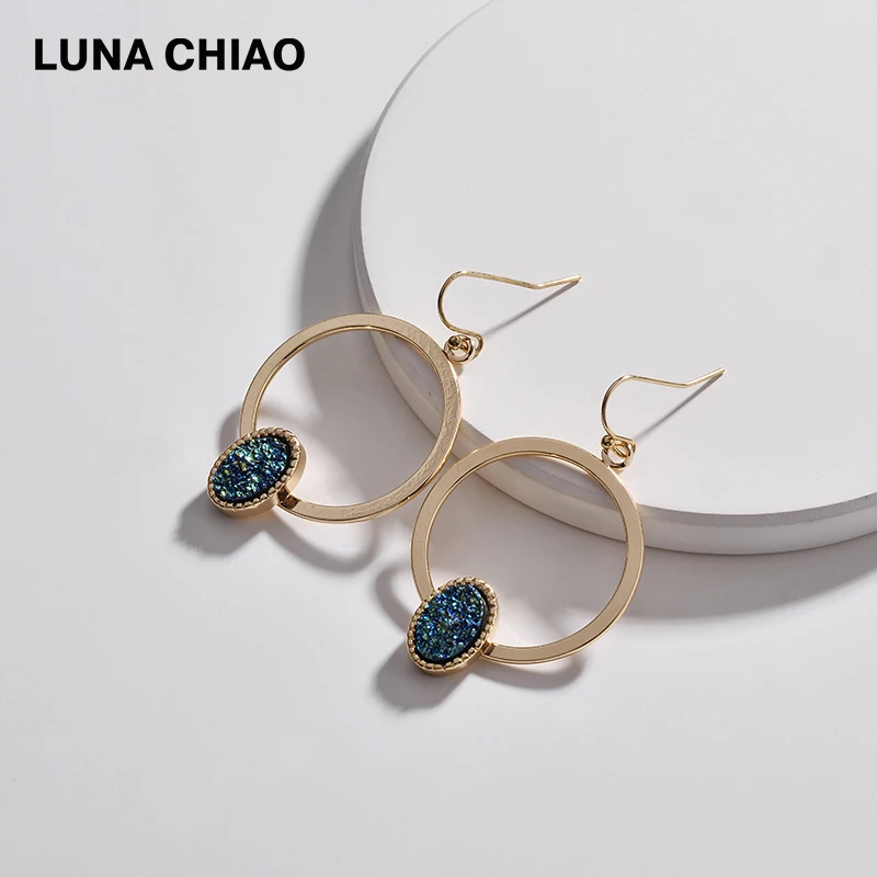 LUNA CHIAO Fashion Designer Circles Disc Drop Earrings with Metallic Resin Oval Druzy Jeweled | Украшения и аксессуары