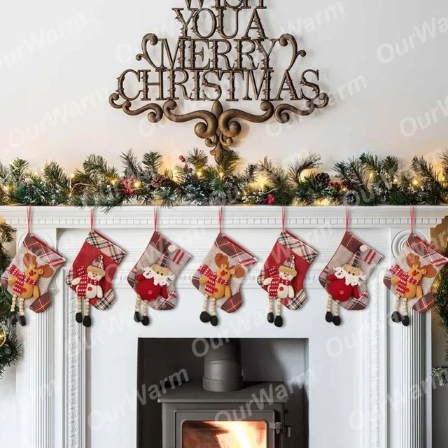 OurWarm Mini Christmas Stocking Christmas Decoration for Home Plaid Santa Claus Gift Bag Xmas Tree Ornaments New Year Products