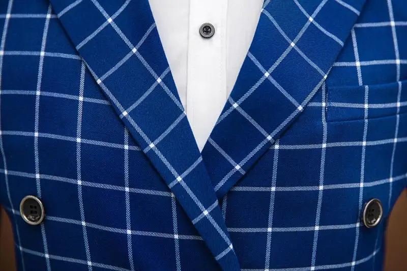 Slim casual plaid double-breasted suit Fashion Custom Men suits jacket + pants slim blue grid men's Blazers groom wedding dress Slim casual plaid double-breasted suit Fashion Custom Men suits jacket + pants slim blue grid men's Blazers groom wedding dress