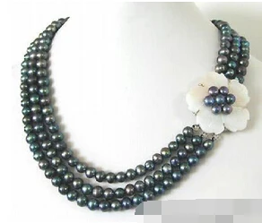 

Jewelr 005004 3 Rows Real Black Pearl & White Shell Flower 18KWGP Clasp Necklace