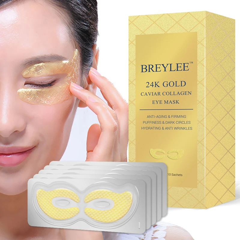 Breylee для глаз 24K Gold маска Икра коллагеновая эссенция стиль накладки для глаз против старения удаление морщин Тканевая маска для глаз уход за кожей
