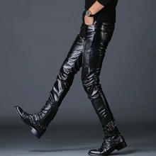 Новое поступление, мужские повседневные облегающие брюки из искусственной кожи, осенне-зимние короткие плюшевые брюки в стиле хип-хоп рок, обтягивающие брюки из искусственной кожи