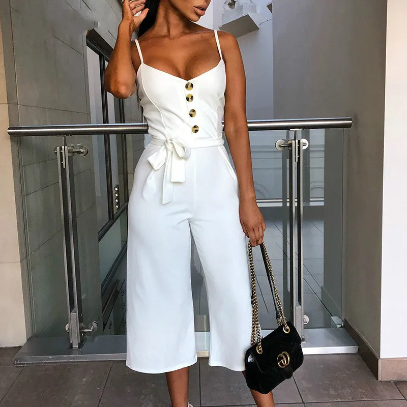 

Summer Jumpsuit Women Sexy Halter Sleeveless Straps Long Jumpsuit Casual Lace Up Button Wide Leg Overall Jumpsuit Elegant