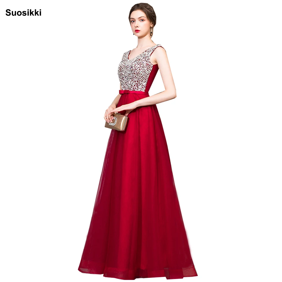 

Real Image A Line Long Evening Dress Beadings Crystal Bodice Open Back Party Elegant 2018 Vestido De Festa New Prom Gowns