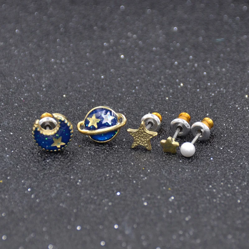 

fashion lychee 5pcs/set Women Stud Earrings Galaxy Style Blue Enamel Universe Moon Stars Cute Fashion Jewelry