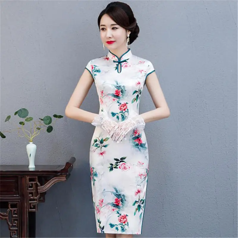 Старинный китайский традиционный Женский Qipao бордовый платье из атласа Новинка воротник стойка Чонсам оверсайз 3XL 4XL - Цвет: White Short