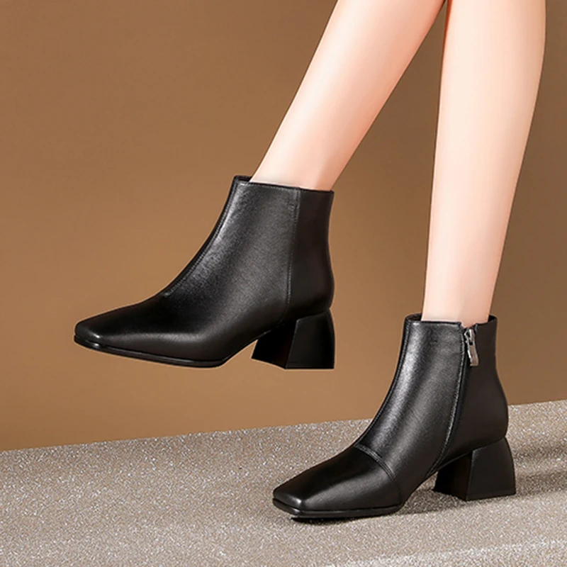 

Rimocy Winter Women Ankle Boots Real Cowhide Leather Zippers Square Toe High Heels Women Waterproof Booties Non Slip Shoes Mujer