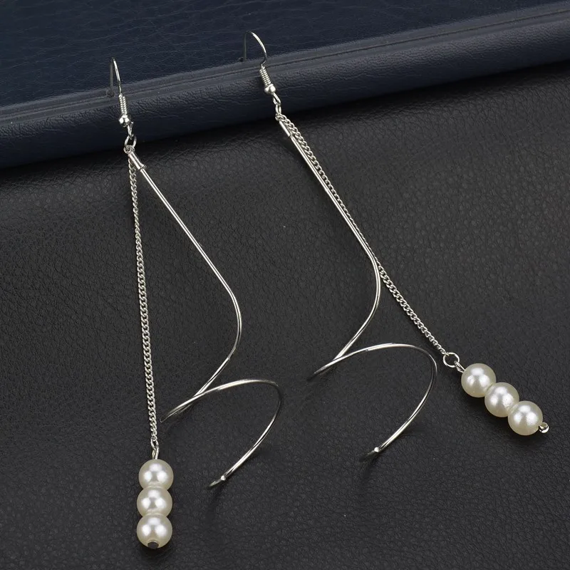 Metal spiral pearl earrings long female exaggerated tassel earrings ...