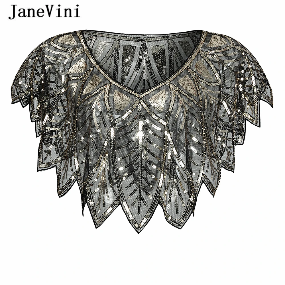 JaneVini элегантное Болеро черного золота с пайетками Свадебные Обертывания бисером Свадебная накидка шаль-накидка для вечерние аксессуары