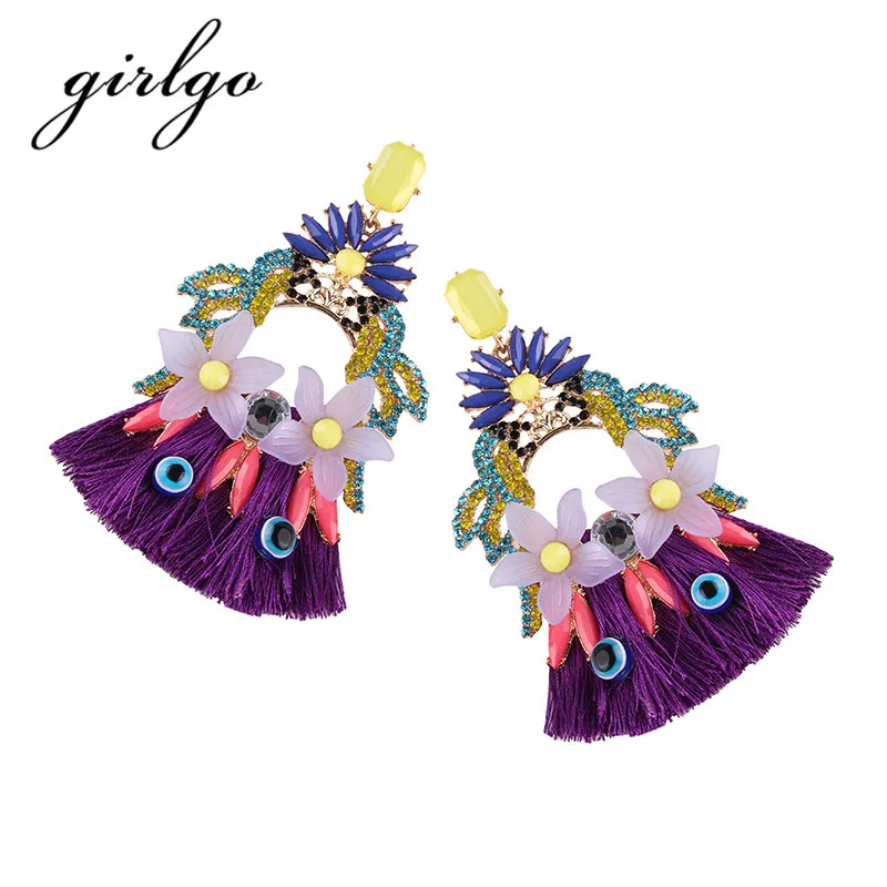 

Girlgo Bohemia Resin Colorful Flower Tassel Earrings for Women Big Crystal Statement Drop Earrings Summer Dangle Gift Jewelry