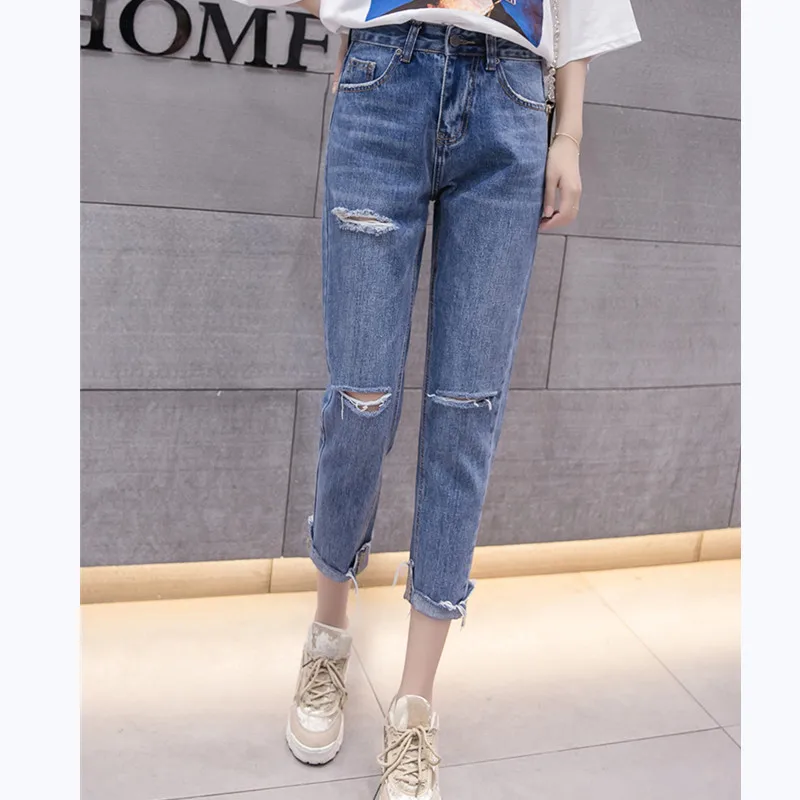 

JUJULAND 2019 Spring Clothes Ladies High Waist Female Boyfriend Jeans with a tight waistl Denim Ripped Jean Woman Plus Size 5828