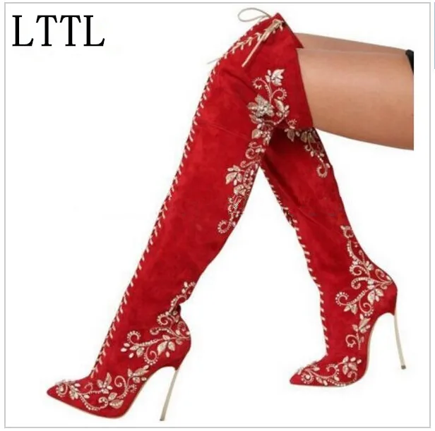 red suede high heel boots