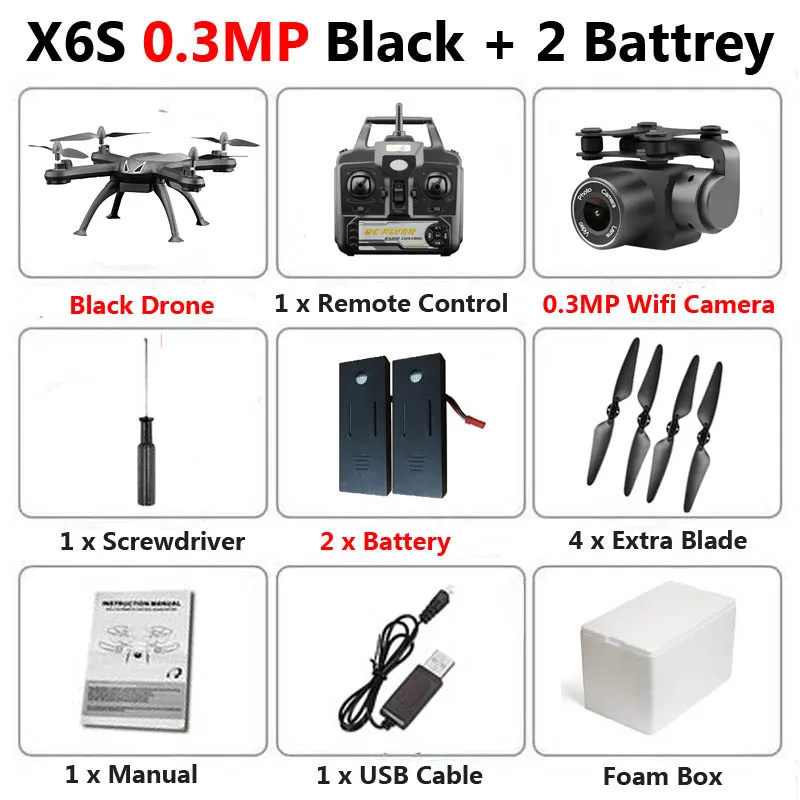 X6S Дрон с камерой 720P 1080P 4K HD WiFi FPV в режиме реального времени аэрофотосъемка высота удержания RC Квадрокоптер Вертолет игрушки VS SG106 E58 - Цвет: 0.3MP Black 2B