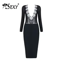 Gosexy 2019 с длинным рукавом v-образным вырезом Сетка кружевная блузка Боди 2 шт. наборы Бандажное облегающее платье