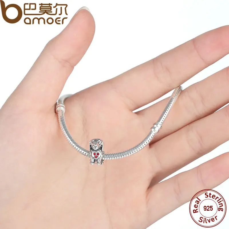 BAMOER 925 Sterling Silver Dog Animal Beads Charms With Red Created Stone for DIY Bracelet Jewelry Making Baby Gift SCC016