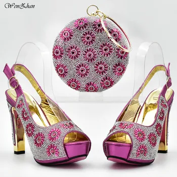 

Latest Peep Toe Shoes With Bag Decoration Stones Flower Style Italian Woman High Heel Shoes And Bag Sets 37-42 For Party D86-1