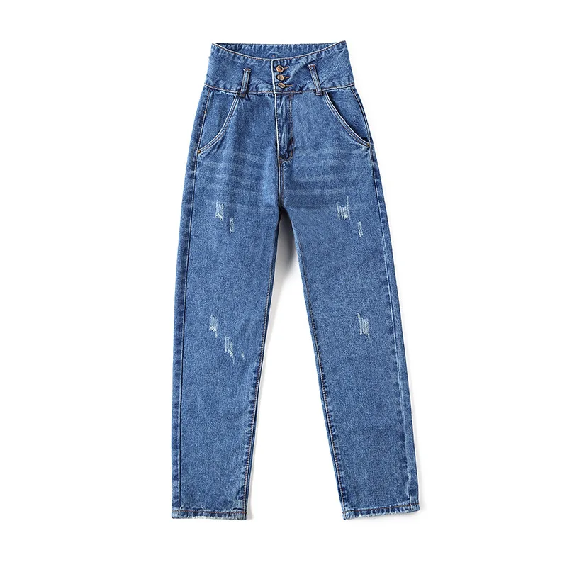 Spring 2019 Button High Waist Fringed Jeans Women