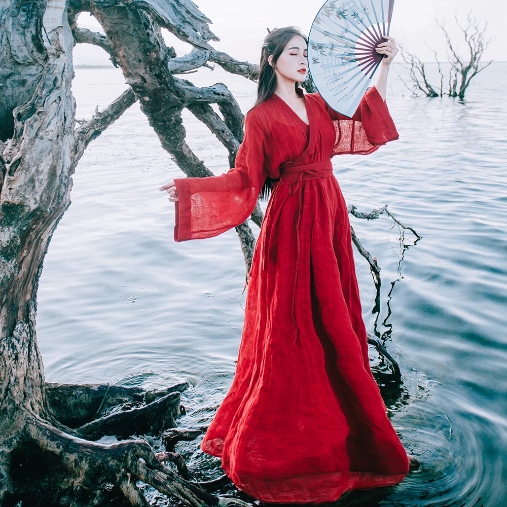 

Khale Yose Autumn 2019 Modern Hanfu Dress Long Sleeve Red Women Wrap Maxi Dress Boho Chinese Hanfu Female Robe Dresses Clothing