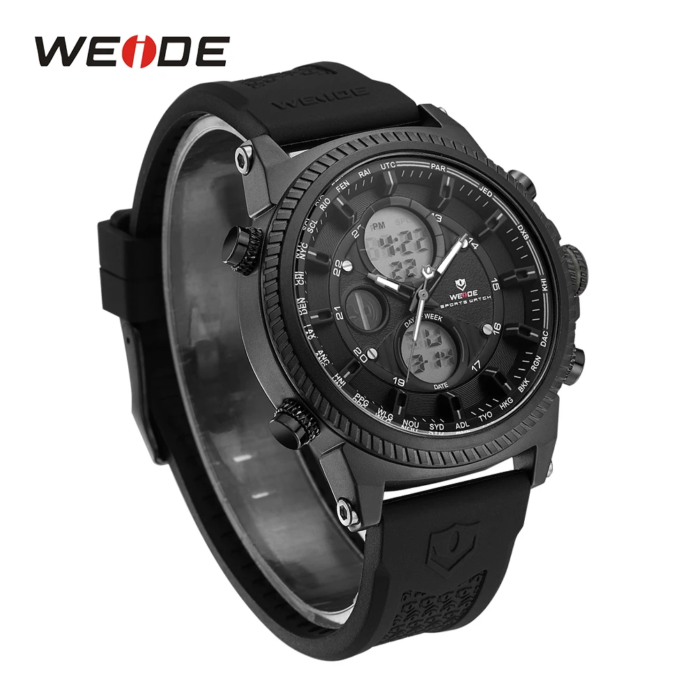 WEIDE Mens Black Sports Stopwatch Quartz Digital Watch Date Day Alarm Silicone Band Buckle Man Wristwatches Relojes Para Hombres