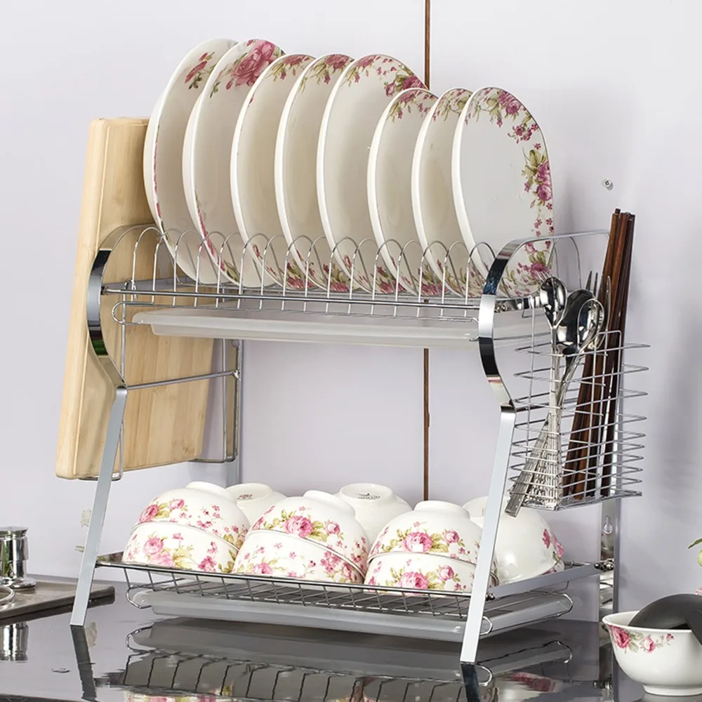 2 уровневый сушильный инструмент R образной формы для сушки посуды Хромированная