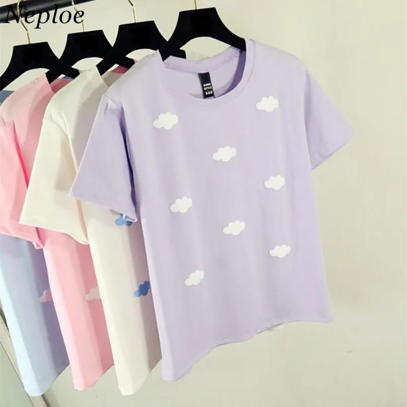 

2019 Cotton T-Shirt Summer Lovely Student Printing Tee Women Print Pink Clouds Harajuku T Shirts Young Ladies Lovely Tops 61784