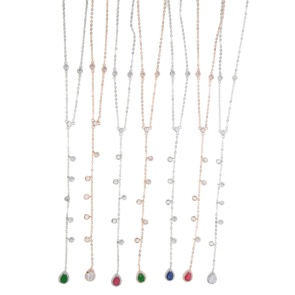 

colorful cz tear drop cz charm Simple Y Style Chain Long Necklaces & Pendant Rose Gold Color Lariat sexy Chain Jewelry For Women