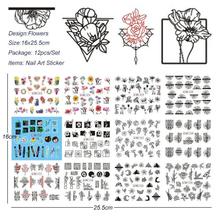 12 дизайн переводные наклейки для ногтей цветок Маникюр Салон Временные татуировки переводная наклейка Дизайн ногтей слайдер Фольга Набор LEBN1213-1224