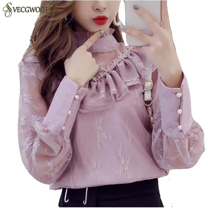 2020 Spring New Arrival Lace Top Fashion Ruffles Design Women Long Sleeve Shirt Floral Elegant Tunic Tops Mesh Blusas UX30 |
