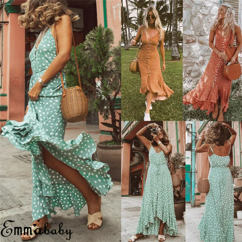 

Summer Women Sexy V-Neck Slim Polka Dot Ruffled Button Dress Boho Cocktail Party Beach Dress Sundress