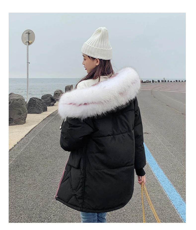 Candy colors winter coat women fashion large fur collar hooded thick warm jacket women Medium long parka outwear plus size