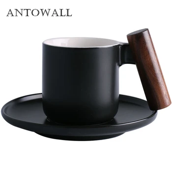 

ANTOWALL Nordic Retro Simple Wooden Handle Mug Ceramic Mug Petty Bourgeoisie Coffee Mug leisure Office Water Cup Gift Box