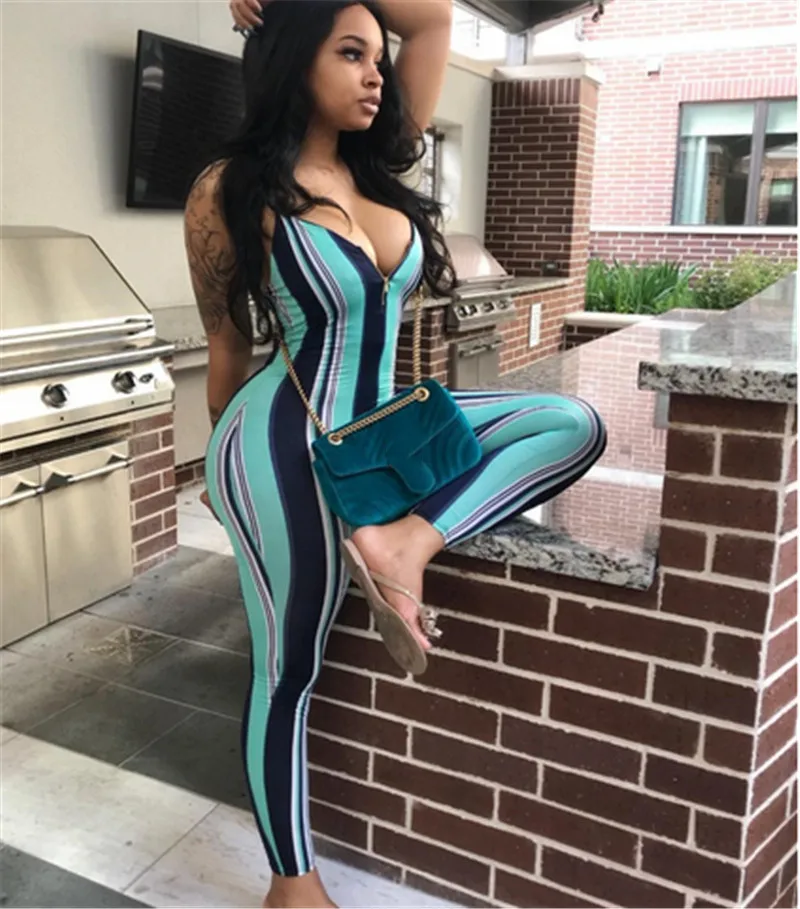 

2019 Sexy Women Ladies Sleeveless Strap Striped Jumpsuit Rompers Bodycon Slim Backless Jumpsuit Summer Casual Rompers Trousers