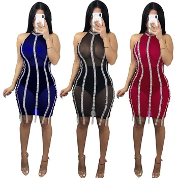

Silver Fluorescent Striped Decoration Lady Elegant Wrapped Chest Knee Dress Sexy Perspective Mesh Hanging Neck Nightclub Dress