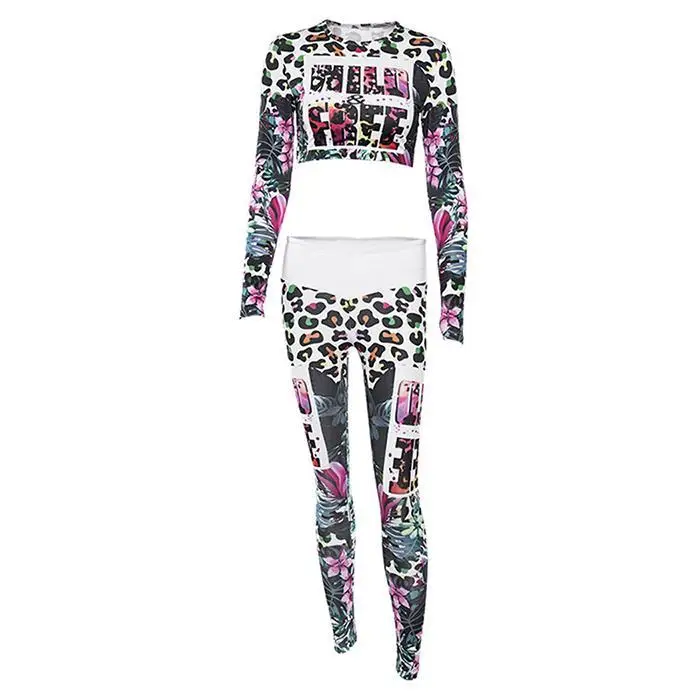 

2019 Sexy Sportswear Women Casual O-Neck Print Leggings Tops Suits Spring, Summer, Autumn Two-piece Fitness Training Suits