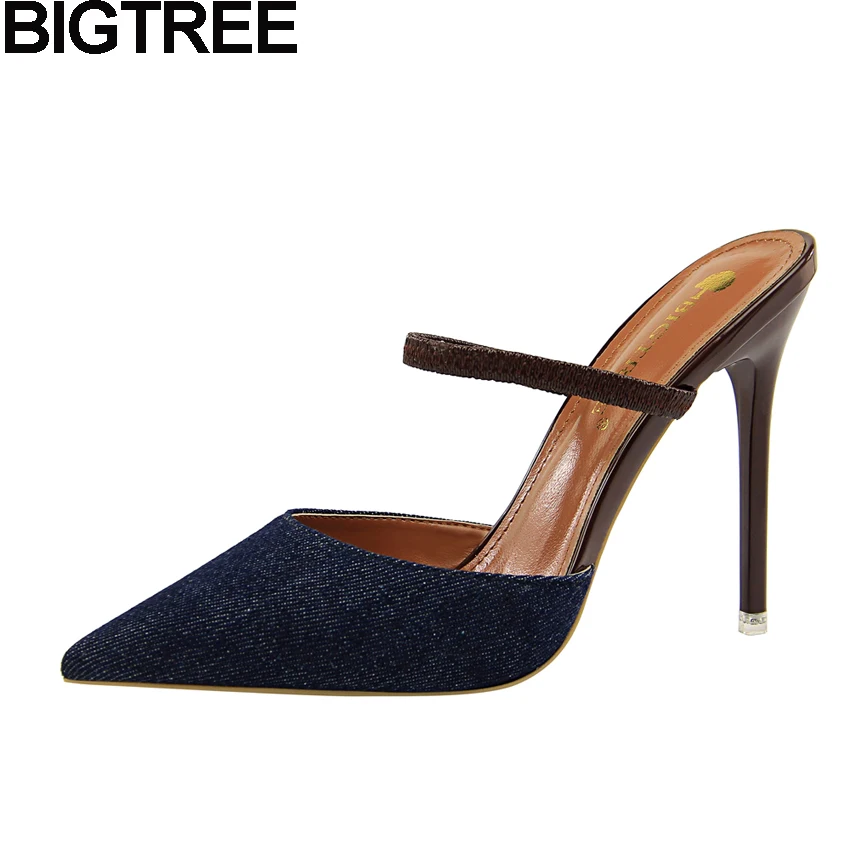 

BIGTREE Sexy Women Mules Pointy Toe High Heel Stilettos Cut Out Slides Summer Sexy Pumps Denim Shoes Slingback Heels