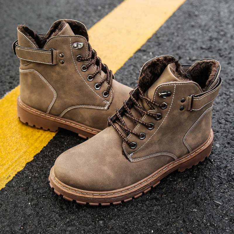 

Winter Men Snow Boots with Fur Super Warm Fleeces Shoes High Top Lace-up Sneakers Retro Solid Ankle Boots Anti-skid Waterproof